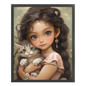 Yishu - Dark-Haired Girl And Kitten - 50*60CM 11CT 3 Stamped Cross Stitch