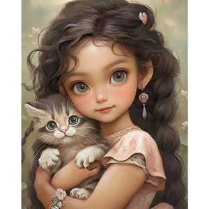 Yishu - Dark-Haired Girl And Kitten - 50*60CM 11CT 3 Stamped Cross Stitch