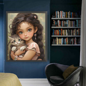 Yishu - Dark-Haired Girl And Kitten - 50*60CM 11CT 3 Stamped Cross Stitch