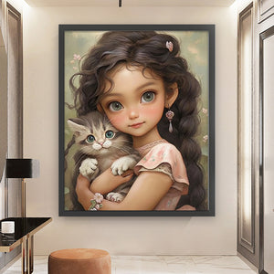 Yishu - Dark-Haired Girl And Kitten - 50*60CM 11CT 3 Stamped Cross Stitch