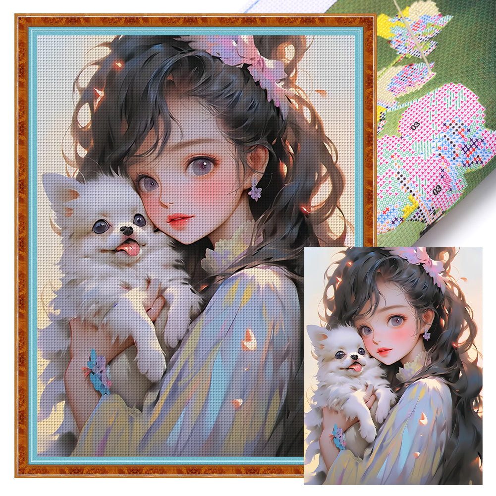 Yishu - Dark-Haired Girl And Puppy - 40*55CM 11CT 3 Stamped Cross Stitch