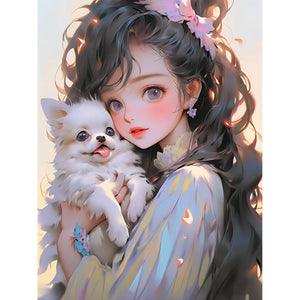 Yishu - Dark-Haired Girl And Puppy - 40*55CM 11CT 3 Stamped Cross Stitch