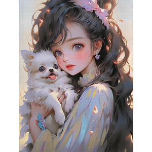Yishu - Dark-Haired Girl And Puppy - 40*55CM 11CT 3 Stamped Cross Stitch
