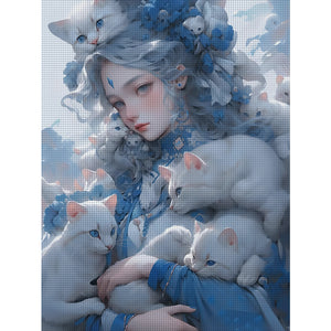 Yishu - Cat Girl - 40*55CM 11CT 3 Stamped Cross Stitch