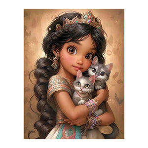 Huancan - Dark-Haired Girl And Kitten - 40*50CM 11CT 3 Stamped Cross Stitch