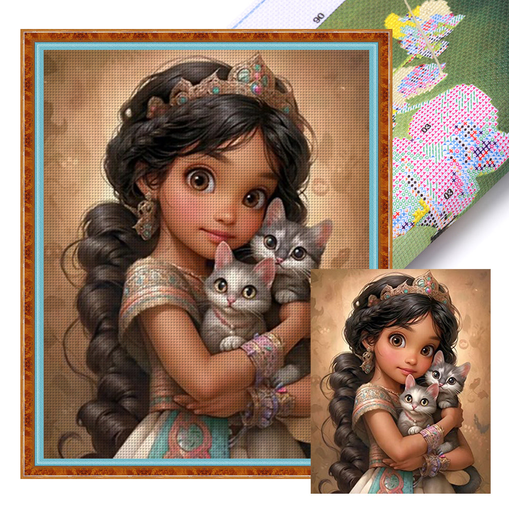 Huancan - Dark-Haired Girl And Kitten - 40*50CM 11CT 3 Stamped Cross Stitch