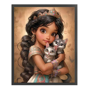 Huancan - Dark-Haired Girl And Kitten - 40*50CM 11CT 3 Stamped Cross Stitch