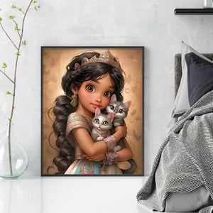 Huancan - Dark-Haired Girl And Kitten - 40*50CM 11CT 3 Stamped Cross Stitch