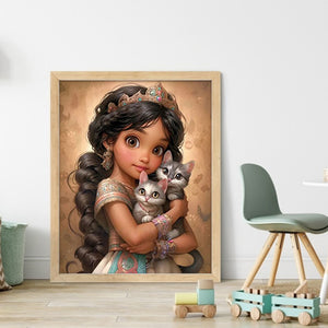 Huancan - Dark-Haired Girl And Kitten - 40*50CM 11CT 3 Stamped Cross Stitch