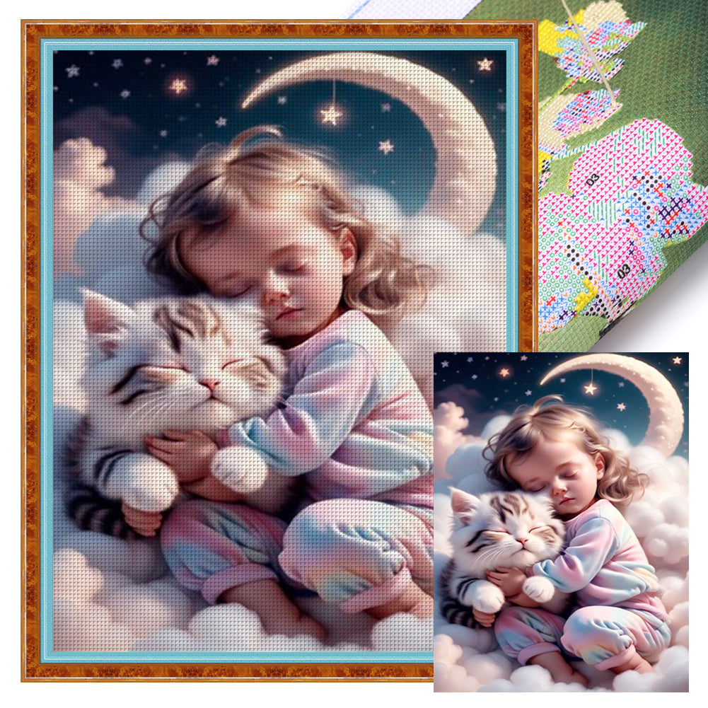 Huancan - Little Girl And Kitten On The Cloud - 40*55CM 11CT 3 Stamped Cross Stitch