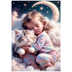 Huancan - Little Girl And Kitten On The Cloud - 40*55CM 11CT 3 Stamped Cross Stitch
