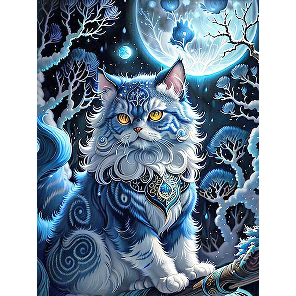 Jewel Cat Under The Moon 30*40CM(Canvas) Full Round Drill Diamond Painting