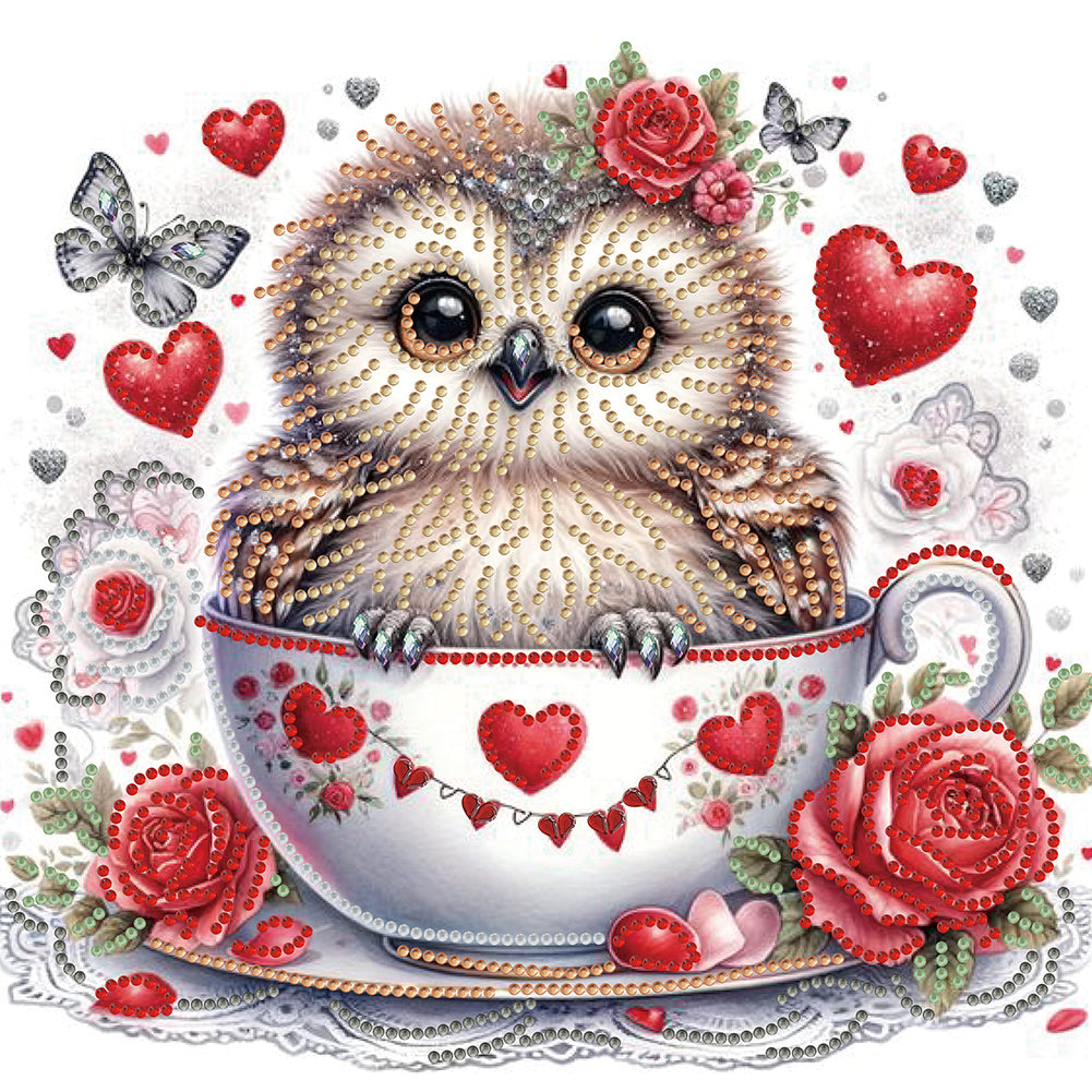 Little Owl In A Heart And Coffee Cup 30*30CM(Canvas) Partial Special Shaped Drill Diamond Painting
