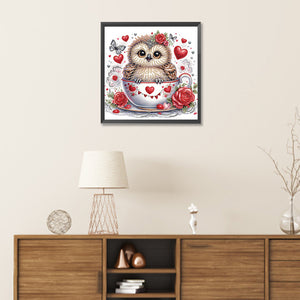 Little Owl In A Heart And Coffee Cup 30*30CM(Canvas) Partial Special Shaped Drill Diamond Painting