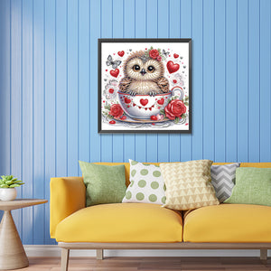 Little Owl In A Heart And Coffee Cup 30*30CM(Canvas) Partial Special Shaped Drill Diamond Painting