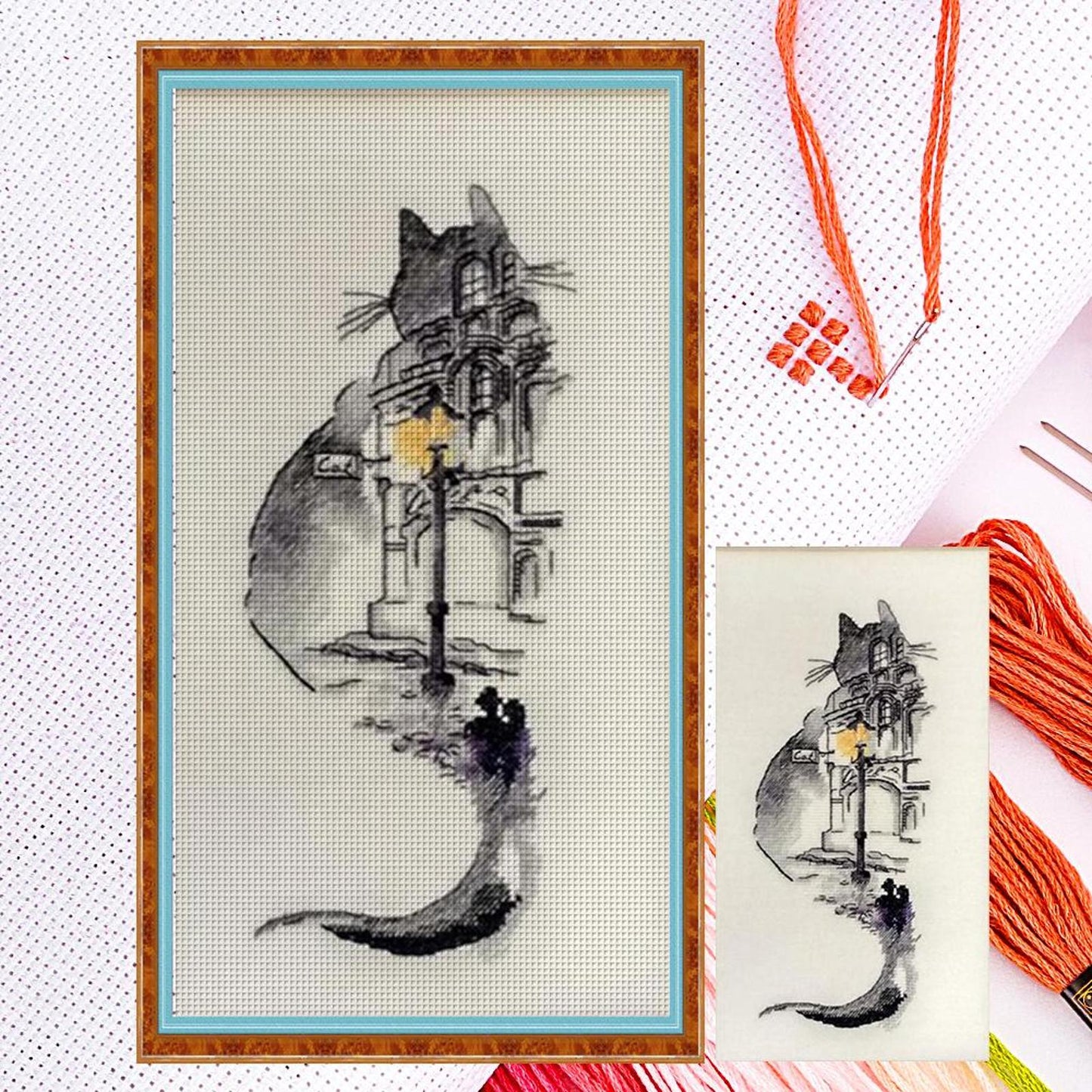 Ink Wash Cat On Building - Full 18CT Counted Cross Stitch 30x55CM - Huacan