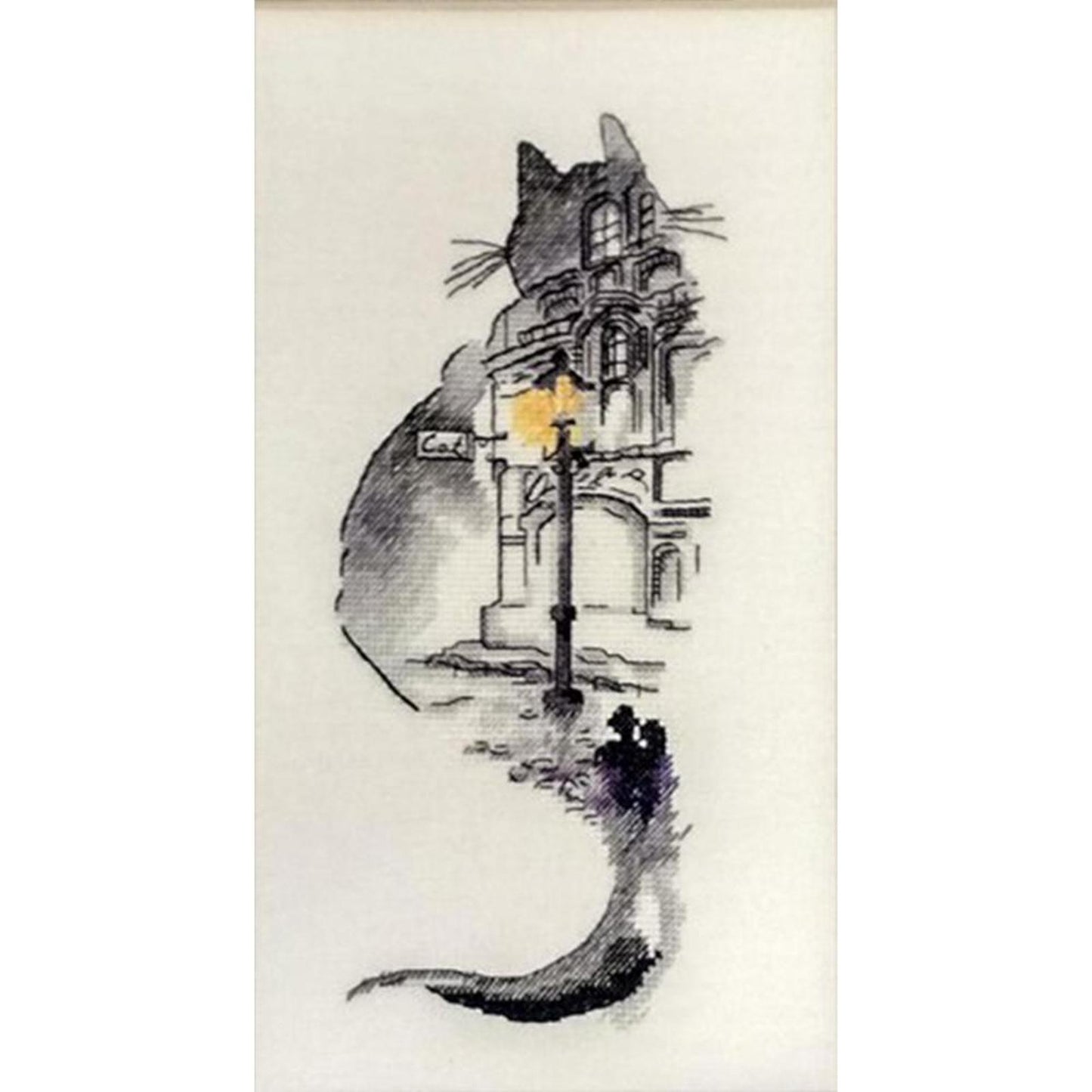 Ink Wash Cat On Building - Full 18CT Counted Cross Stitch 30x55CM - Huacan