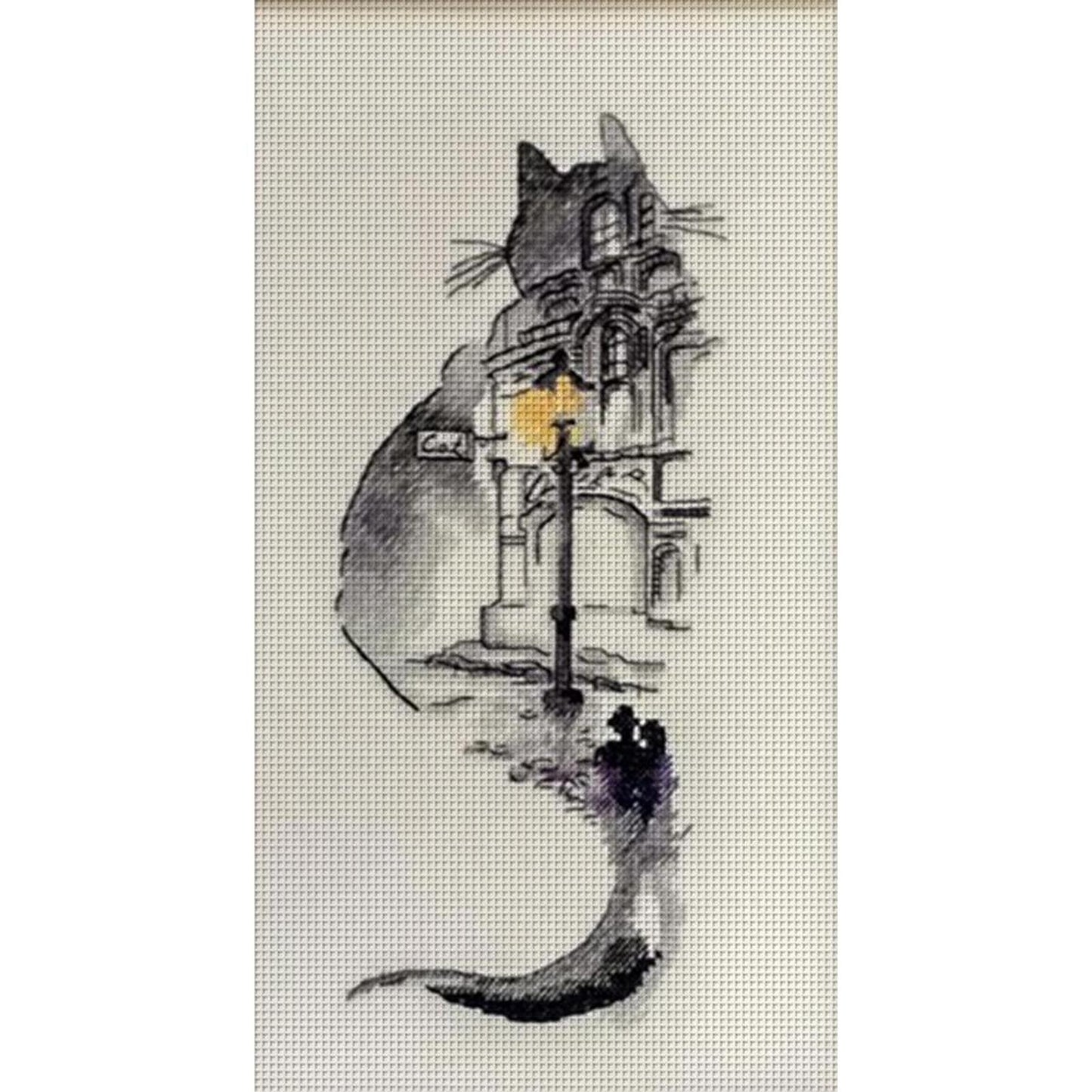 Ink Wash Cat On Building - Full 18CT Counted Cross Stitch 30x55CM - Huacan