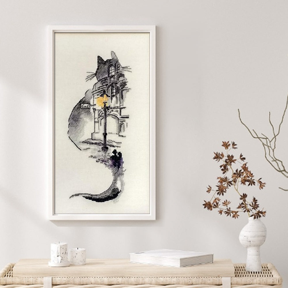 Ink Wash Cat On Building - Full 18CT Counted Cross Stitch 30x55CM - Huacan
