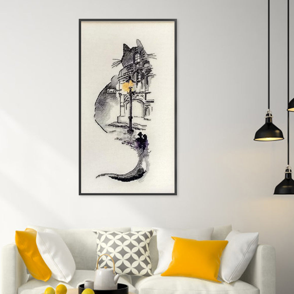 Ink Wash Cat On Building - Full 18CT Counted Cross Stitch 30x55CM - Huacan