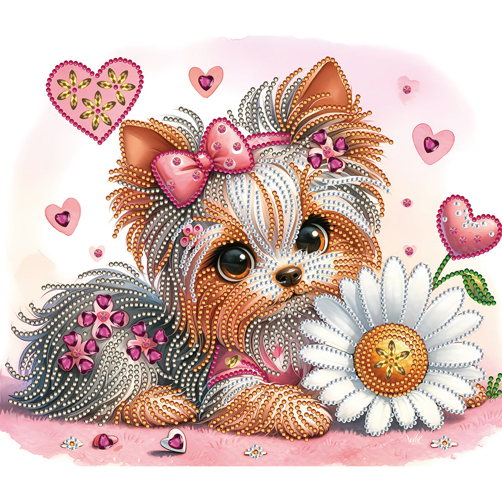 Yorkshire Terrier With Flowers 35*30CM(Canvas) Partial Special Shaped Drill Diamond Painting