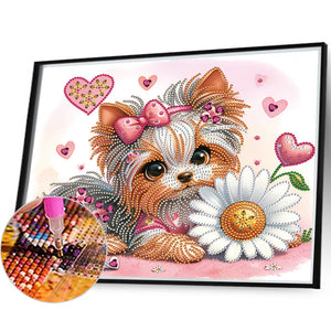 Yorkshire Terrier With Flowers 35*30CM(Canvas) Partial Special Shaped Drill Diamond Painting