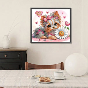 Yorkshire Terrier With Flowers 35*30CM(Canvas) Partial Special Shaped Drill Diamond Painting