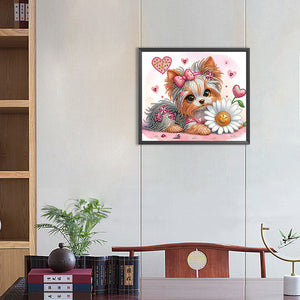 Yorkshire Terrier With Flowers 35*30CM(Canvas) Partial Special Shaped Drill Diamond Painting