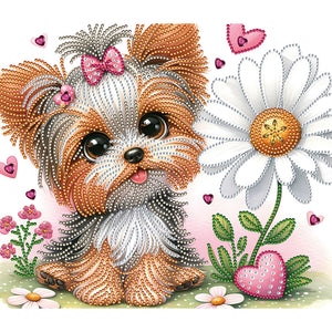 Yorkshire Terrier With Flowers 35*30CM(Canvas) Partial Special Shaped Drill Diamond Painting