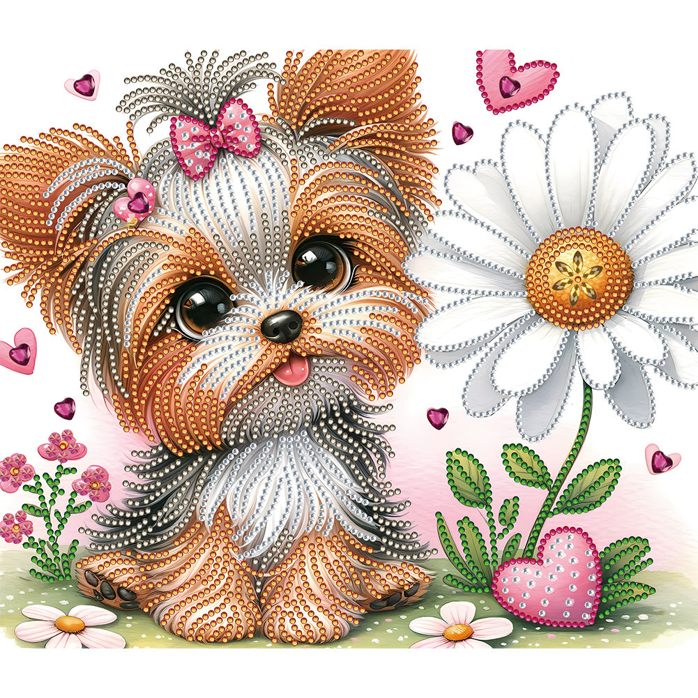 Yorkshire Terrier With Flowers 35*30CM(Canvas) Partial Special Shaped Drill Diamond Painting