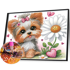 Yorkshire Terrier With Flowers 35*30CM(Canvas) Partial Special Shaped Drill Diamond Painting