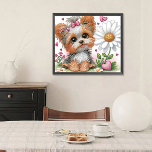 Yorkshire Terrier With Flowers 35*30CM(Canvas) Partial Special Shaped Drill Diamond Painting