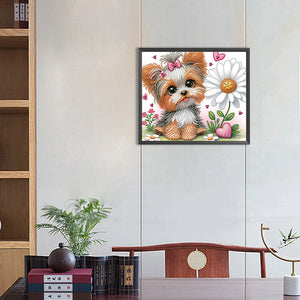 Yorkshire Terrier With Flowers 35*30CM(Canvas) Partial Special Shaped Drill Diamond Painting