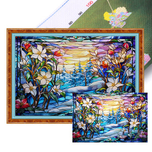 Huancan - Glass Painting - Flowers - 60*40CM 11CT 3 Stamped Cross Stitch
