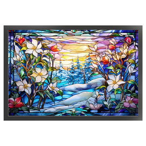 Huancan - Glass Painting - Flowers - 60*40CM 11CT 3 Stamped Cross Stitch