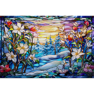 Huancan - Glass Painting - Flowers - 60*40CM 11CT 3 Stamped Cross Stitch
