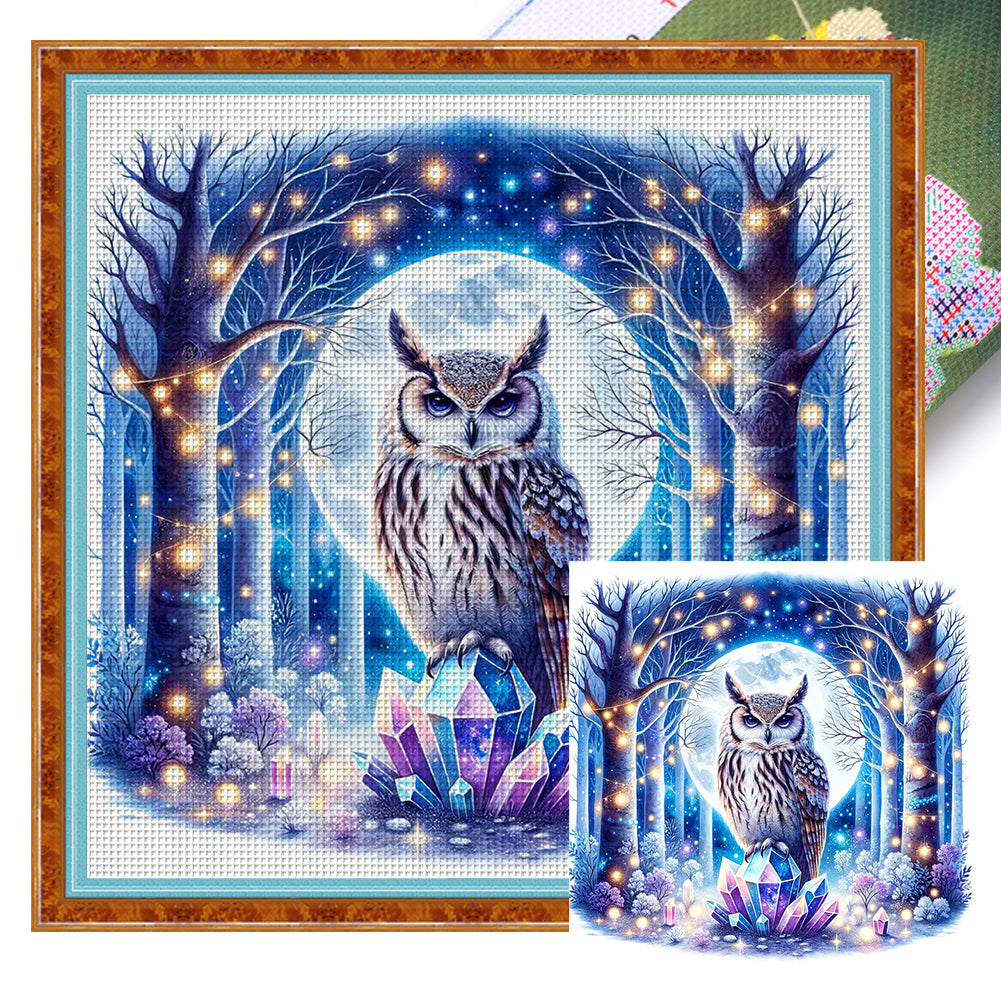 Yishu - Owl On A Gemstone Under A Moonlit Night - 40*40CM 11CT 3 Stamped Cross Stitch