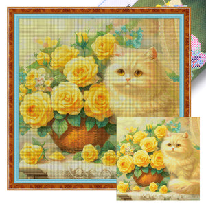 Spring Brand - Cat With Rose - 61*61CM 14CT 2 Stamped Cross Stitch Egyptian cotton