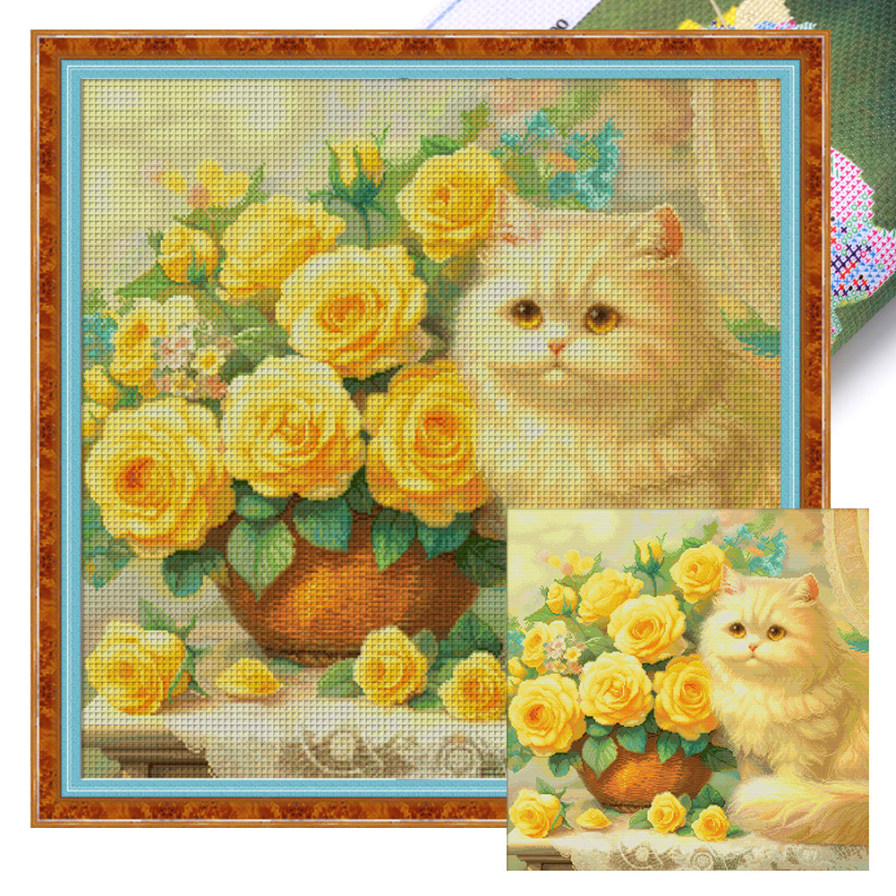 Spring Brand - Cat With Rose - 61*61CM 14CT 2 Stamped Cross Stitch Egyptian cotton