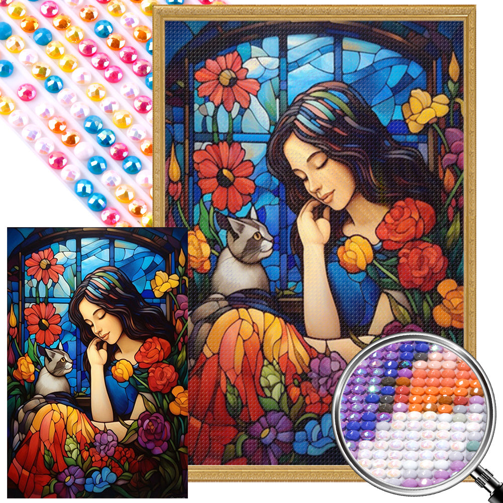 Flowers, Girl, And Cat 40*60CM(Picture) Full Round Drill Diamond Painting