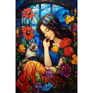 Flowers, Girl, And Cat 40*60CM(Picture) Full Round Drill Diamond Painting