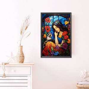 Flowers, Girl, And Cat 40*60CM(Picture) Full Round Drill Diamond Painting