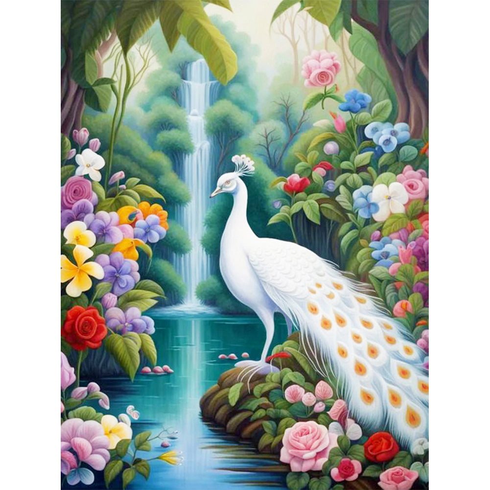 White Peacock By The Forest Lake 30*40CM(Canvas) Full Round Drill Diamond Painting