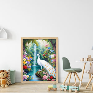 White Peacock By The Forest Lake 30*40CM(Canvas) Full Round Drill Diamond Painting