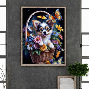 Dog In A Basket 30*40CM(Canvas) Full Round Drill Diamond Painting