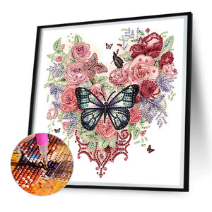 Heart, Butterfly, And Rose 30*30CM(Canvas) Partial Special Shaped Drill Diamond Painting