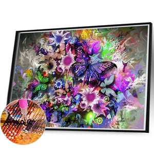 Purple Butterfly And Flowers 60*40CM(Picture) Full Round Drill Diamond Painting