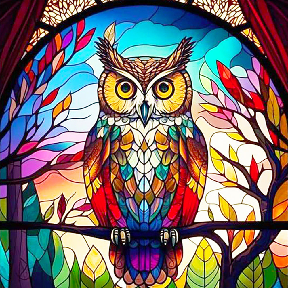 Colorful Owl Glass Painting 30*30CM(Canvas) Full Round Drill Diamond Painting