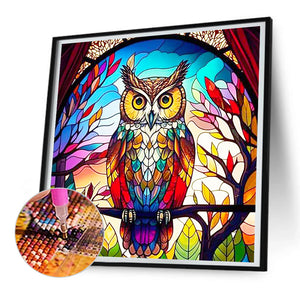 Colorful Owl Glass Painting 30*30CM(Canvas) Full Round Drill Diamond Painting