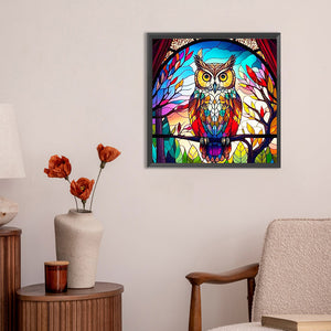 Colorful Owl Glass Painting 30*30CM(Canvas) Full Round Drill Diamond Painting